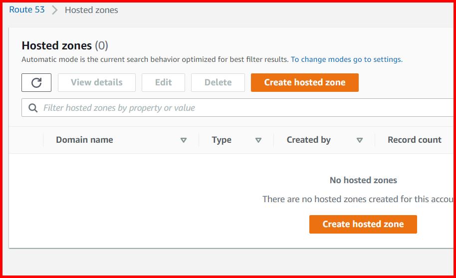 Picture showing the Create hosted zone button for creating the new hosted zone